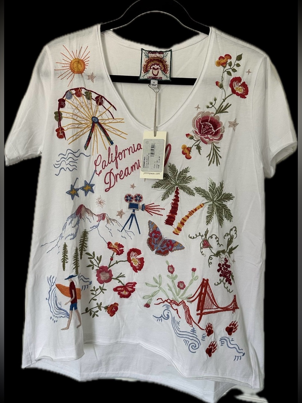 NWT ❤️ Johnny Was White Embroidered 'California Dreamin' V-Neck Tee - MSRP $138 - Picture 4 of 7